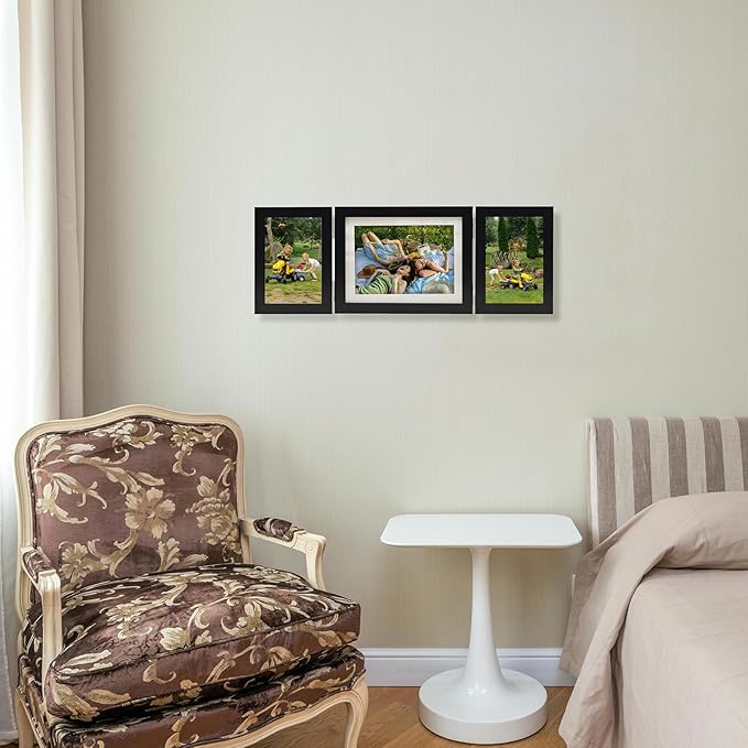 Hinged Tri-Fold 4x6 & 6x8 Picture Frame with Tempered Glass-Tabletop or Wall Mounted Display for Two 4x6 & One 5x7/6x8 Photos (with/without Mat)-Classic Black-H467546