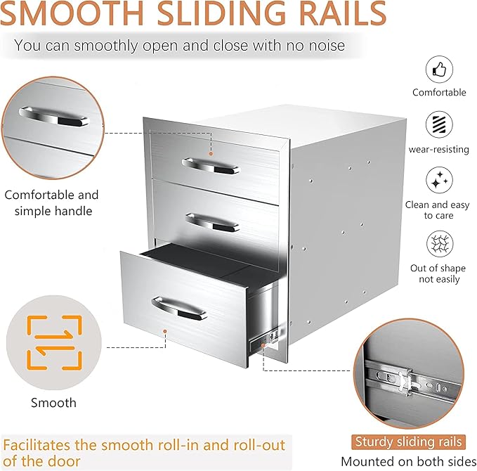 Outdoor Kitchen Drawers Stainless Steel 18W X 21H X 23D Inch, Flush Mount Triple BBQ Island Drawers with Handle for Outdoor Kitchens, Patio or Grill Station