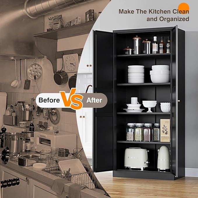 Yizosh Metal Storage Cabinet with 2 Doors and 5 Adjustable Shelves - 71" Black Kitchen Pantry Storage Cabinet, 5-Tier Tall Steel Cabinet Locker for Kitchen, Living Room, Dining Room