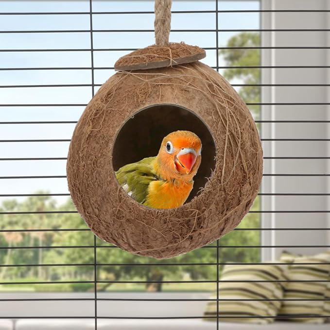 Hypeety Pet Bird Breeding Nest Natural Coconut Bird Hideout Hut for Cage | Natural coconut shell, for sleeping/breeding, easy to hang, swing toy, for parakeet/cockatiel/finch/hamster, with sturdy hook