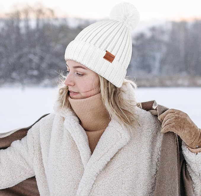 Womens Winter Beanie Hat Gloves Set,Fleece Lined Warm Knit Pom Pom Ski Hat Touchscreen Gloves Set Gifts for Cold Weather