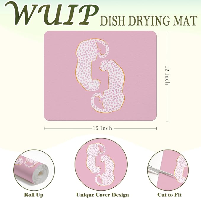 Pink Leopard Dish Drying Mats for Kitchen Counter, Preppy Girly Aesthetic Cheetah Print Absorbent Reversible Coffee Bar Mat Drying Pad for Kitchen Decor, 12x15 Inch
