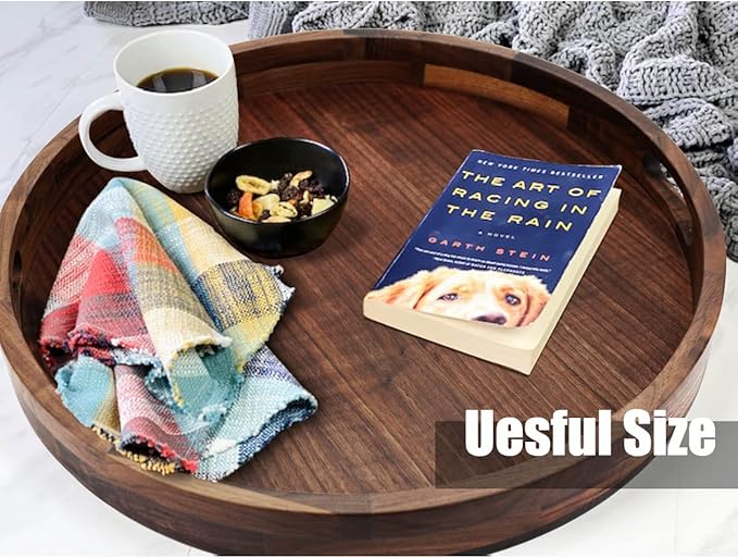 Set of 2 Large Black Walnut Wood Ottoman Tray with Handles, Serve Tea, Coffee, Classic Wooden Decorative Serving Tray (19 inch Square &18 inch Round)