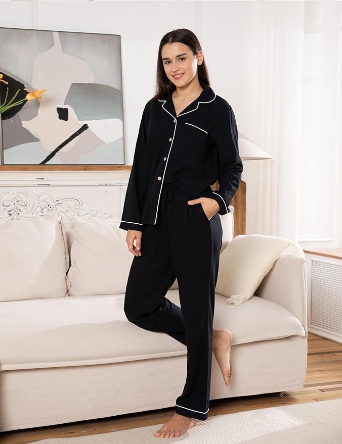 Womens Pajama Sets 100% Double Gauze Cotton Linen Like Muslin Pajamas Long Sleeve Button Down Sleepwear Soft Pjs Lounge Set