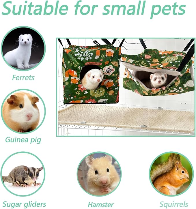 kathson 4 PCS Ferret Hammock Set,Washable Guinea Pig Hideout Bed,Soft Hamster Toys Hanging Tunnel Mats, Small Pets Cage Accessories for Rat, Sugar Glider, Squirrel(Green)
