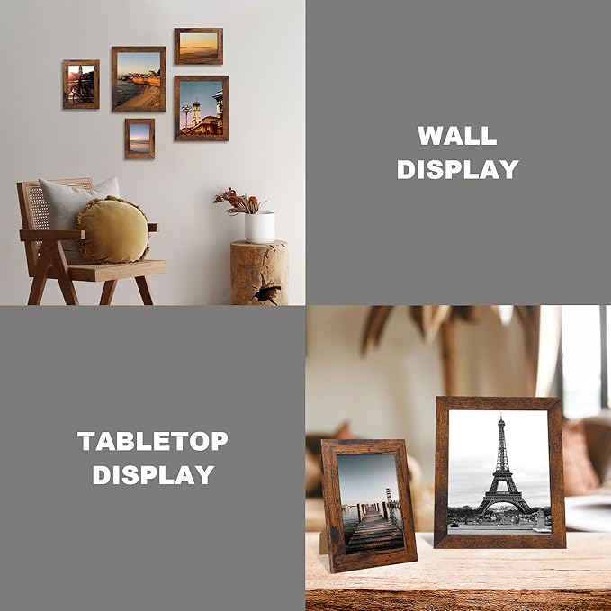 iRahmen 4x6 Picture Frame Set of 4, High Definition Glass 4 x 6 Frame, Wood Rustic Photo Frames for Horizontal or Vertical Display Tabletop and Wall Mounting