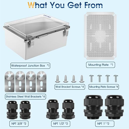 Waterproof Outdoor Project ABS Plastic Junction Box IP67 Weatherproof Dustproof Enclosure with Hinged Cover, Mounting Plate,Wall Brackets for Power Project (Clear.15.7"x11.8"x7.1")