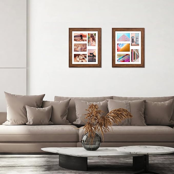 11x14 Picture Frame Display 5 opening 4X6 Picture Frame Collage,Multi Photo Frame with Mat,Plexiglass,Wall or Tabletop Decor,Carbonized Brown Wood Grain