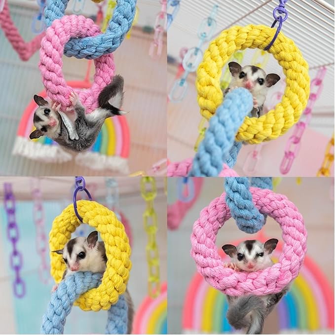 Sugar Glider Climbing Rope Toys Rat Cage Hanging Toys Small Animal Climbing Rings Cage Accessories for Flying Squirrel Sugar Glider Hamster Parrots