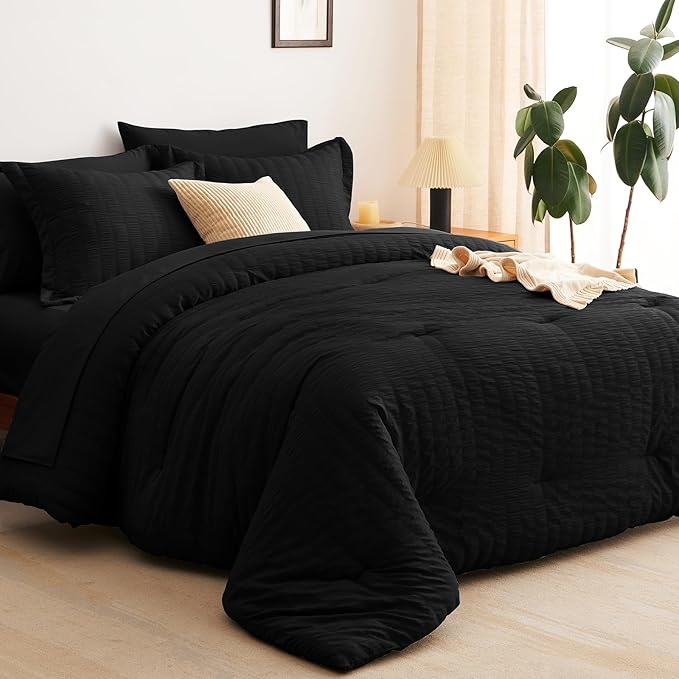 CozyLux Queen Comforter Set Black Seersucker 7 Pieces Bed in a Bag Queen Comforter Set with Sheets, Luxury Soft Bedding Set with Down Alternative Comforter, Sheets, Pillowcases & Shams for All Seasons