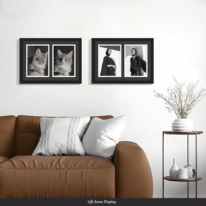8.5x12 Collage Picture Frame, 5x7 Collage Picture Frame, Displays Double 5x7 inch Photos, Wall Decor Wall Hanging or Tabletop, Black Mat.