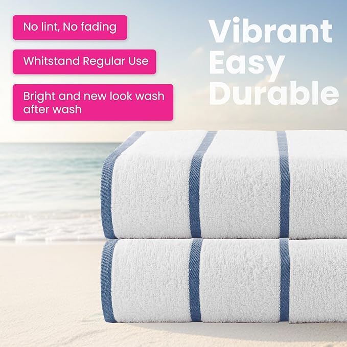 CASA COPENHAGEN Cabana Beach Towel Designed in Denmark Rough and Tough, Quick Dry, Pool, Bath & Shower 30x60 inches 4 Pieces Cotton Beach Bath Towels Set - White Navy Stripe