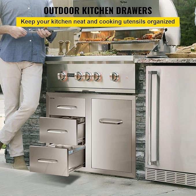 VEVOR Stainless Steel Cabinet, Outdoor Kitchen Door Drawer Combo 29.5" W x 22.6" H x 21.7" D, Access Door/Triple Drawers, Propane Drawer, Adjustable Garbage Ring, BBQ Island Patio Grill Station