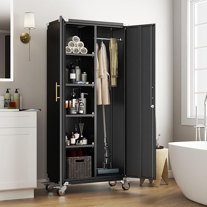 71" Broom Storage Cabinet, Cleaning Tool Storage Cabinet, Garage Utility Storage with Hooks and Hanging Rods, Heavy Duty Garden Tool Organizer, for Home, Garage, Laundry Room, Gym, Workshop.