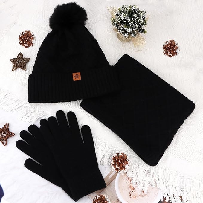 YARIEW Winter Hat Neck Warmer and Gloves Set for Women, Warm Knitted Beanie with Pom Pom, Soft Ear Warmer Scarf, Warm Gloves