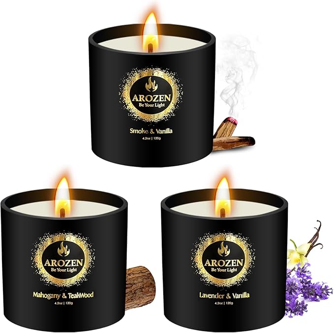 3 Pack Candles for Men, Scented Candles Gifts Set, Aromatherapy Soy Black Candles for Home Scented, Gifts for Men Chrismas, Scent of Lavender, Mahogany Teakwood & Smoke Vanilla, 70H Burn Time