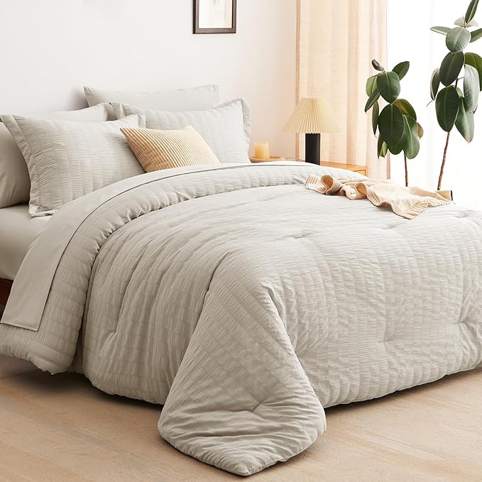 CozyLux Queen Comforter Set Beige Seersucker 7 Pieces Bed in a Bag Queen Comforter Set with Sheets, Luxury Soft Bedding Set with Down Alternative Comforter, Sheets, Pillowcases & Shams for All Seasons