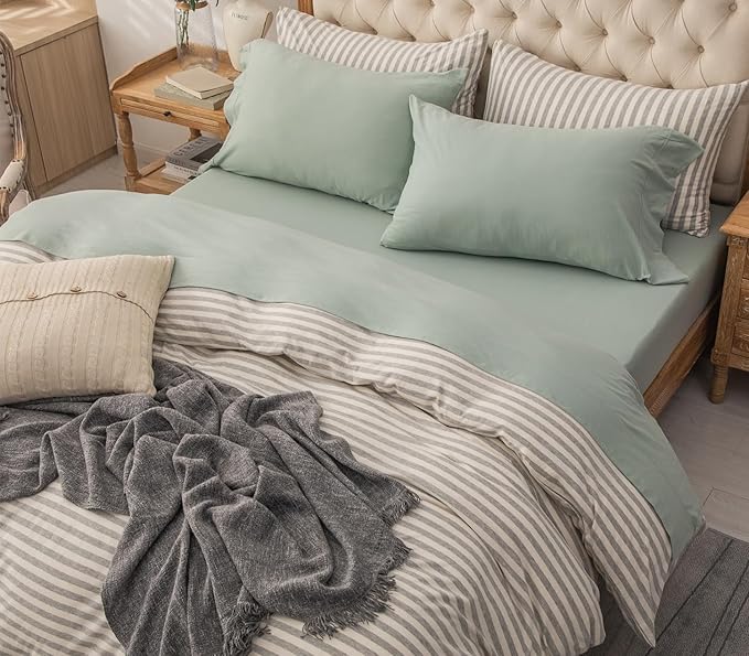 PURE ERA Jersey Knit 4pc Bed Sheet Set 100% T-Shirt Cotton Super Soft Comfy Breathable Fits Mattress Up to 20" Extra Deep Pocket (Solid Sage Green, Full)
