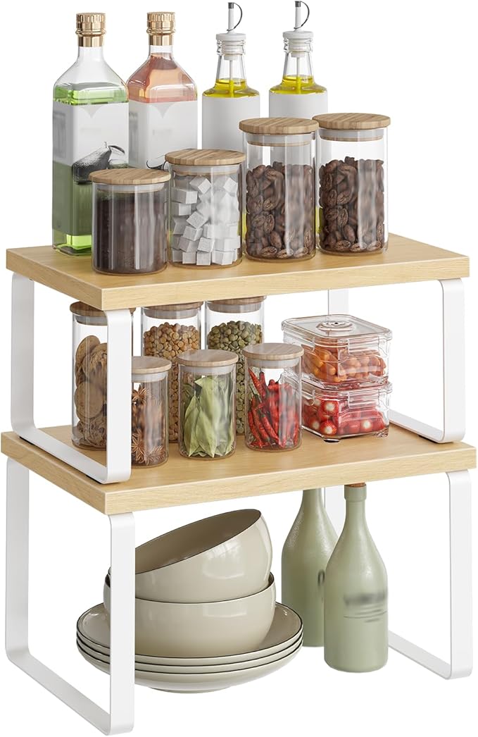 HOOBRO Spice Rack Set of 2, Kitchen Counter Organizer, Kitchen Storage, Cabinet Organizer Shelf, Nest, Stackable, Side-by-Side & L-Shape for Cabinet, Kitchen, Natural and White WN33TL01