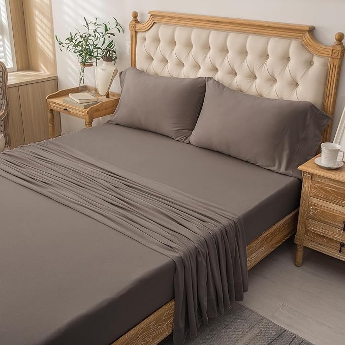 PURE ERA Jersey Knit 4pc Bed Sheet Set 100% T-Shirt Cotton Super Soft Comfy Breathable Fits Mattress Up to 20" Extra Deep Pocket (New Solid Brown, King)