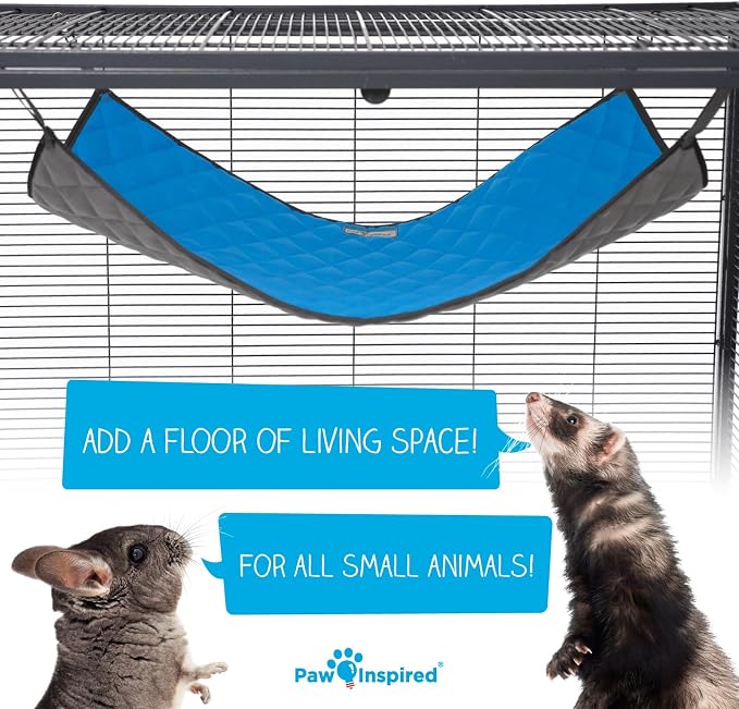 Paw Inspired Hanging Fleece Hammock for Small Animals, Gray/Blue | Hammock with Swivel Clips for Pet Cage for Ferrets, Rats, Chinchillas, Sugar Gliders, Hideout Toy for Guinea Pigs, Hamsters