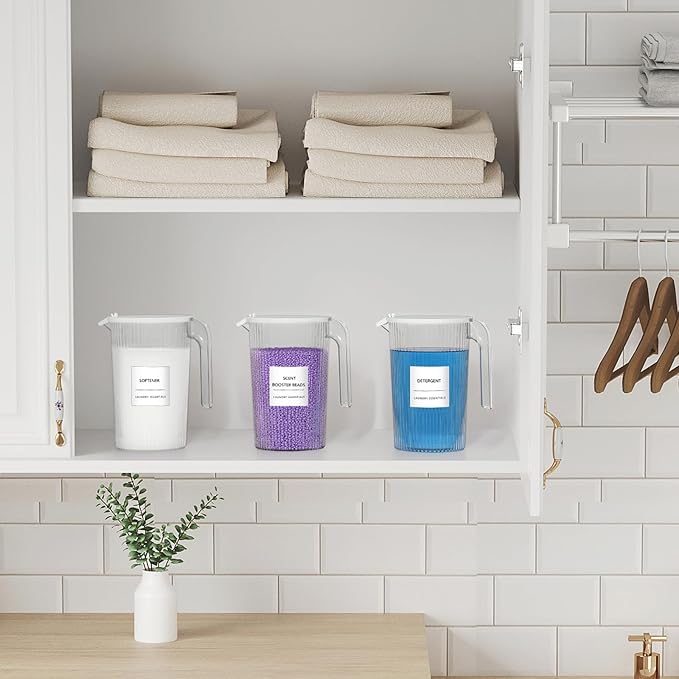 Lifewit Plastic Laundry Detergent Dispenser with Handle, 51oz Detergent containers with Fully Covered Dustproof Lid, 8 Lables, Softener, Beads Container for Laundry Room Organization, Clear, 3 Pack