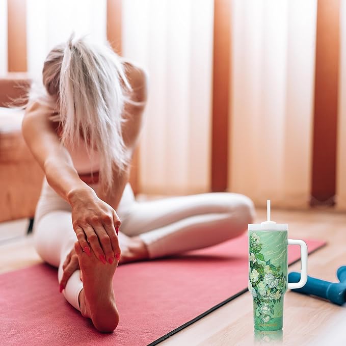 Jormungand 40 oz Tumbler with Handle and Straw, Vacuum Insulated Stainless Steel Cup & Water Bottle, Leakproof Lid, BPA-Free, Cup Holder Friendly for Travel, Keeps Drinks Hot & Cold Roses