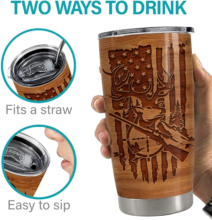 SANDJEST Hunting Tumbler Wood Style American Flag 20oz Tumblers with Lid Gift for Men Dad Best Friends Hunting Lovers Christmas Birthday Fathers Day