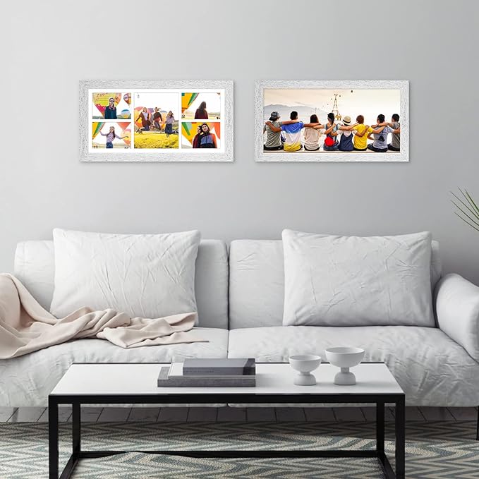11x23 Picture Frame Display 5 opening 5x7 and 8x10 Picture Frame Collage,Multi Photo Frame with Mat,Plexiglass,Horizontal and Vertical Formats for Wall Decor,Distressed White Wood Grain