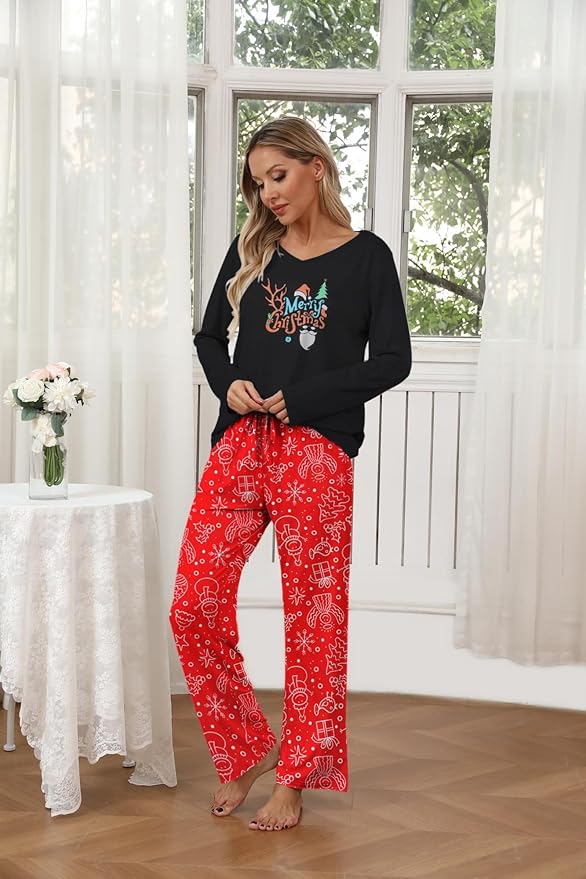 Ekouaer Womens 2 Pack Pajama Set Long Sleeve Pajamas Top and Pants V Neck Pjs Set Soft Loungewear with Pockets