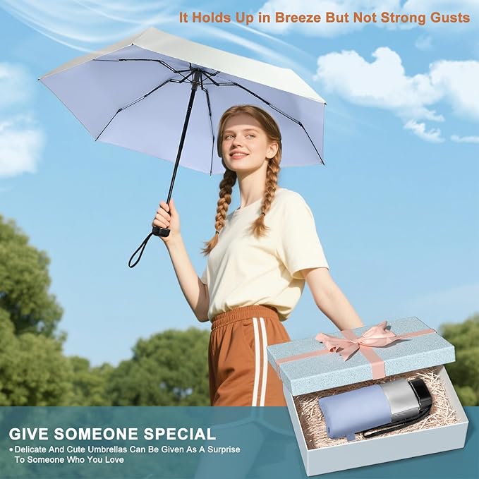 LEAGERA Mini Umbrella For Purse - UPF 50+ UV Blocker Sun Protection Umbrella, Small Micro Travel Parasol Design for Women, Blue