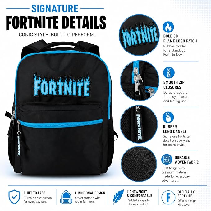 Fortnite Backpack for Kids & Adults, 16” Bookbag with Fortnite Rubber Molded Flame Logo 3D Patch & Rubber Logo Dangle, Black
