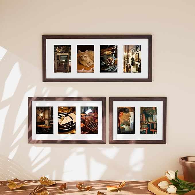 Vittanly 8x10 Collage Picture Frame, Displays 2Pcs 4x6 Pictures with Mat or 1Pcs 8x10 without Mat, Photo Frame for Wall Mounting or Table Top with Stand, Brown, 1 Pack