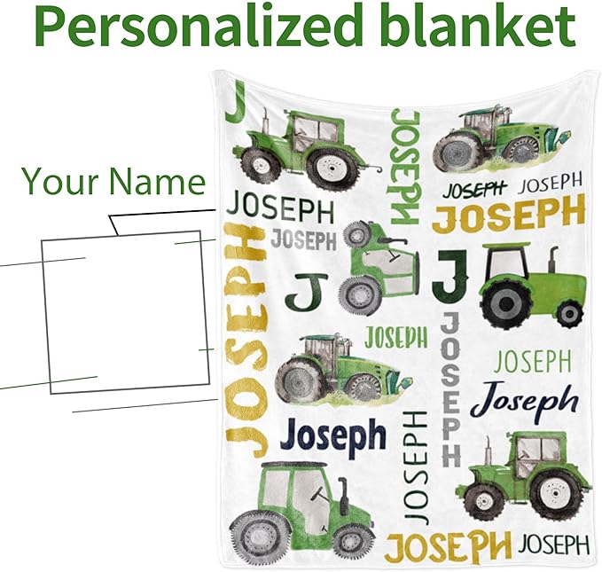 Personalized Tractor Truck Blanket for Boys Girls with Name, Custom Name Blanket Construction Trucks Car, Soft Flannel Teen Blankets Customized Gift for Birthday Christmas-50x60in