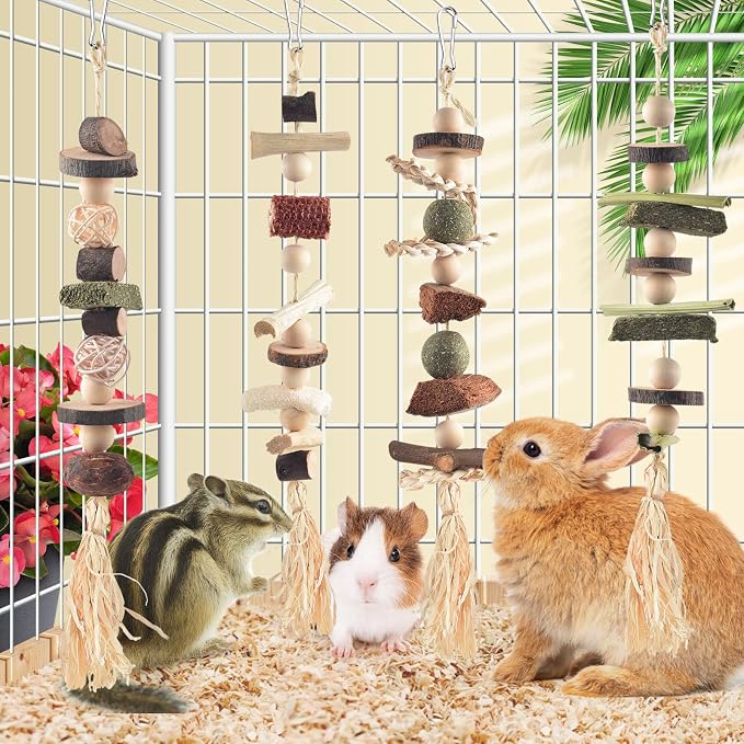DBNESS 4 Pcs Bunny Chew Toys for Teeth, Hanging Rabbit Chewing Toy Treats with Timothy Grass & Natural Apple Wood, Improve Small Rodent Dental Health for Guinea Pig Hamster Chinchilla Rat Gerbil