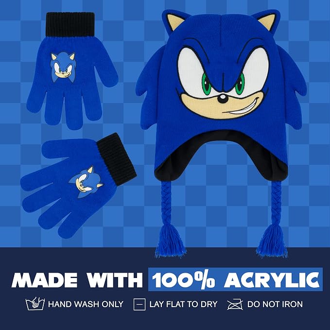 Concept One Sonic The Hedgehog Beanie Hat and Glove Set, Kids Knitted Winter Hat and Gloves