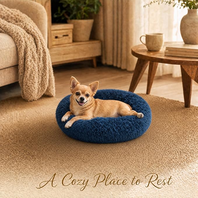Tiny Dog Bed for Extra Small Dogs for Chihuahua Pomeranian Toy Poodle | 15 Inch Washable Puppy Bed,Soft Faux Fur Calming Donut Bed,Navy blue