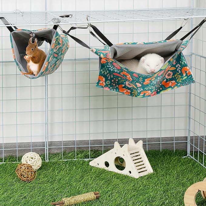 Ondware 2-Pack Ferret Hammock and Tunnel Set, Washable Cage Toy | Soft plush fabric, bunkbed design, metal hooks, 13.4 x 13.4 in hammock, 18 x 9 in tunnel for ferrets and small pets