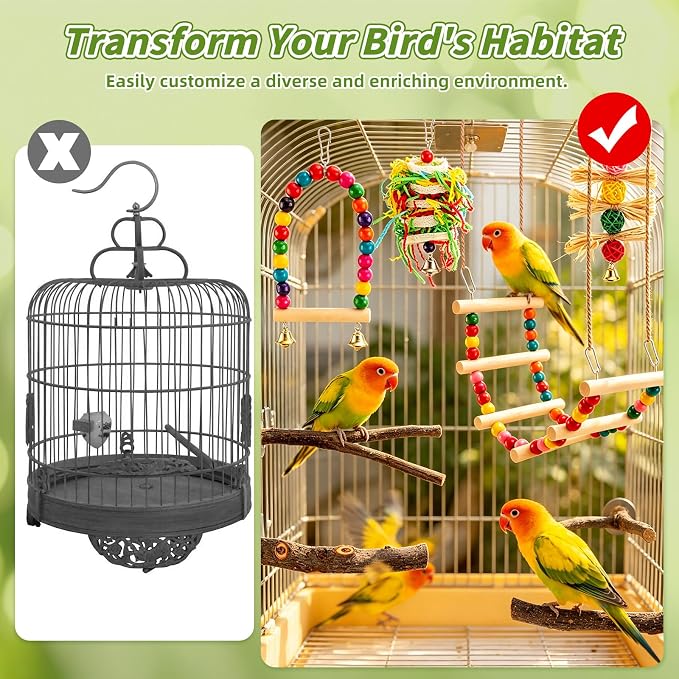 8 Pcs Natural Wood Bird Toys & Perches Set for Cages | Ideal for Small/Medium Parrots (Budgies, Conures) | Birch Ladder, Swing and Foraging Items for Cage Gym | Tool-Free Mount