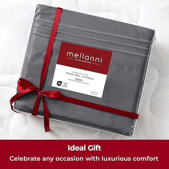 Mellanni Split King Sheets Set - 5 PC Iconic Collection Bedding - Hotel Luxury, Extra Soft, Cooling Bed Sheets - Wrinkle, Fade, Stain Resistant (Split King, Gray)
