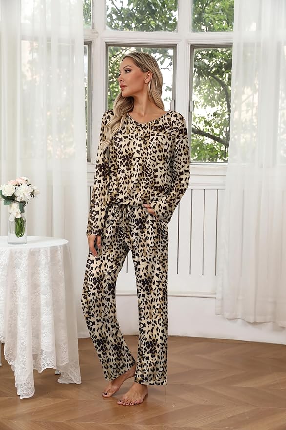 Ekouaer Womens 2 Pack Pajama Set Long Sleeve Pajamas Top and Pants V Neck Pjs Set Soft Loungewear with Pockets