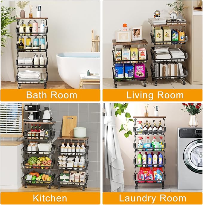 Gsiekare Fruit Vegetable Basket for Kitchen, 4 Tier Stackable Fruit Vegetable Storage Baskets with Wheels, Metal Wire Storage Basket Organizer Baskets for Kitchen, Pantry, Bathroom