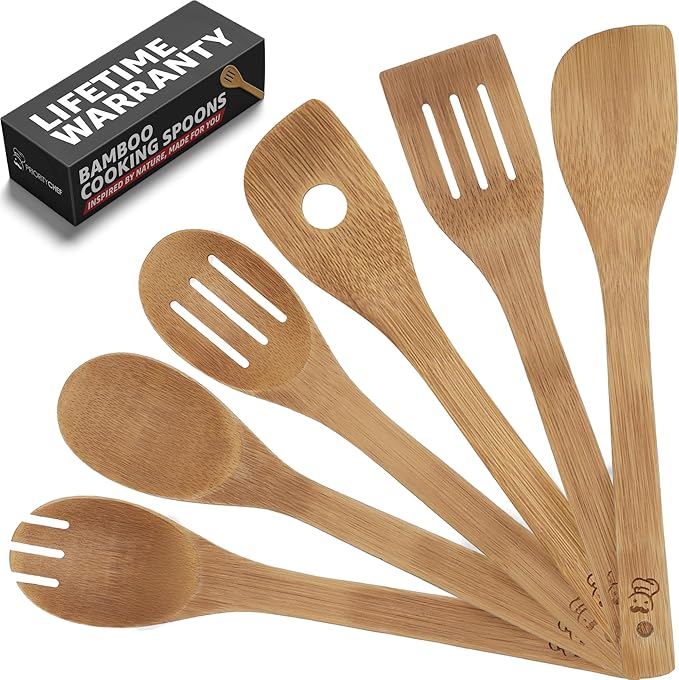 PriorityChef Wooden Spoons for Cooking, 6Pc Non Scratch Bamboo Cooking Utensils, Non-Toxic Wooden Utensil Set, Easy to Clean Kitchen Utensils Set for Everyday Use on All Cookware Types