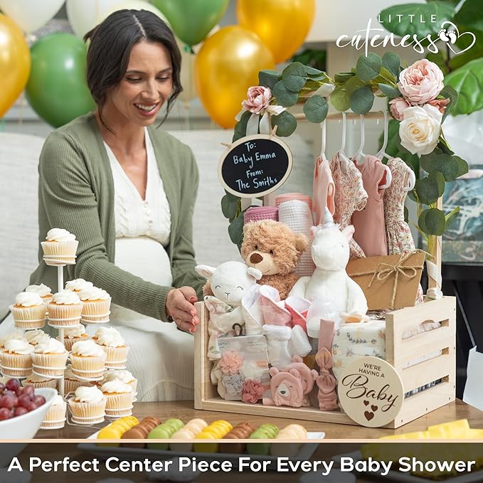 Wooden Baby Shower Crate Closet with Clear Acrylic Front - Customizable Wooden Crate Box with Dual Rod System, Easy Assembly Baby Baskets and Gift Display for Baby Shower (Natural Wood)