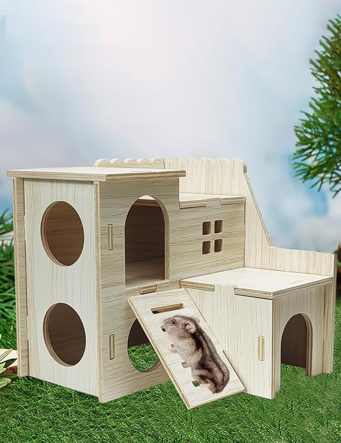 Hamster Hideout Cage Accessories - Hamster House and Habitat Wooden Hide Hut with Climbing Ladder for Dwarf Gerbils and Mouse Mice Rat Other Small Animals etc.