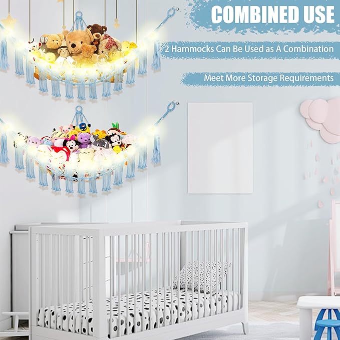 CERETIA Stuffed Animal Hammock with LED Light, Large Stuffed Animals Storage Corner Plushie Net for Kids Room Decor, Jumbo Baby Blue