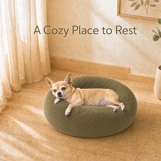 Tiny Dog Bed for Extra Small Dogs for Chihuahua Pomeranian Toy Poodle | 15 Inch Washable Puppy Bed,Soft Faux Fur Calming Donut Bed,Army Green
