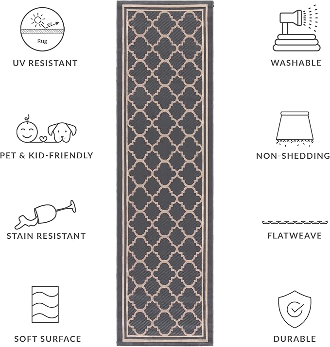 SAFAVIEH Washable Rug Outdoor Courtyard Collection - 2'3" x 8' Runner, Anthracite & Beige, Non-Shedding & Easy Cleaning, Ideal for Patio, Entryway, Mudroom, Hallway, Kitchen (CY6918-246)