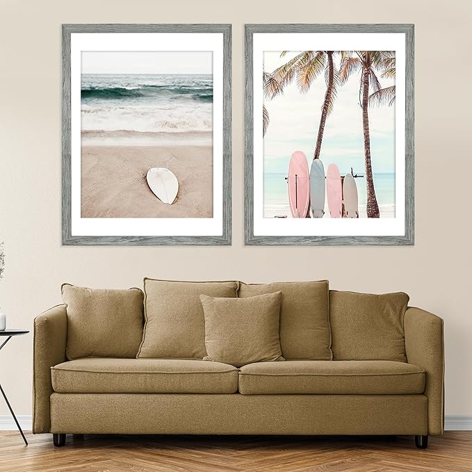 22x28 Frame Set of 2, Rustic Grey Wood Style - Display 18x24 Picture Frame with Mat or 22 x 28 Poster Frame without Mat, Wall Mounting Horizontal and Vertical