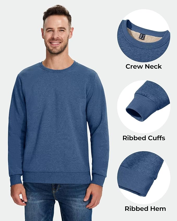 Boladeci Men's Full Sherpa Lined Crewneck Sweatshirts Heavy-weight Fleece Pullover Thick Thermal Long Sleeve Cotton
